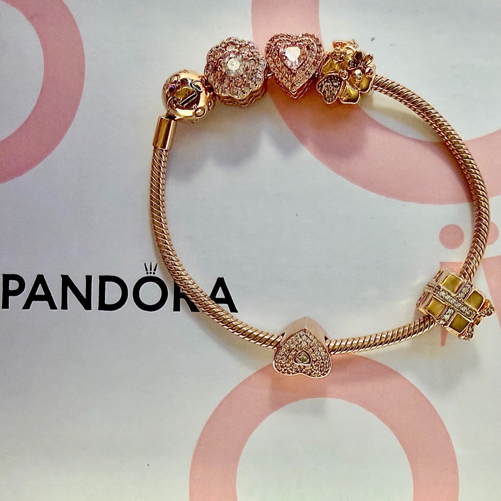 Pandora Rose Gold Bracelet with 5 Pandora Charms - Picture 2 of 12
